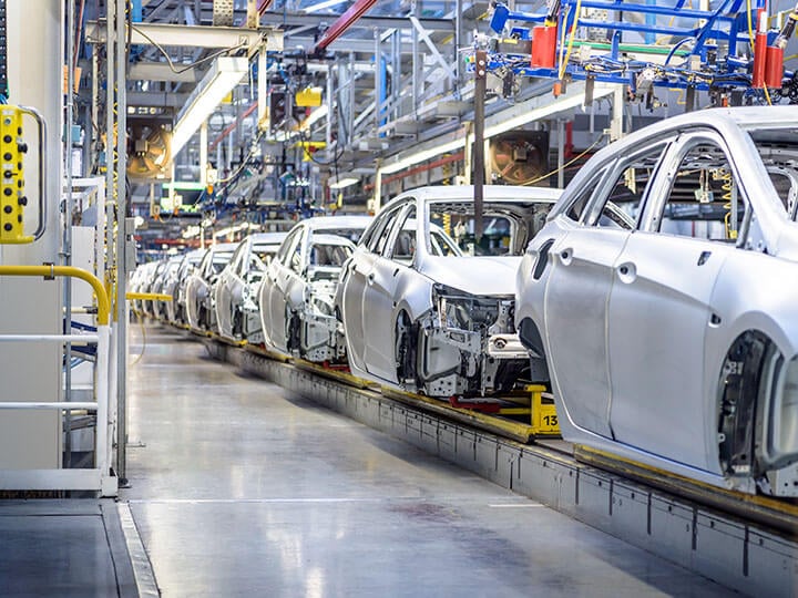 View of cars on an automotive production line