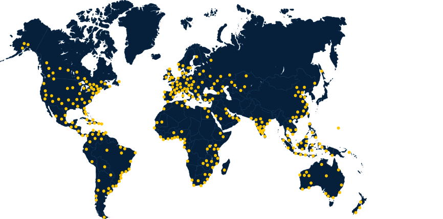 Mörkblå karta över Interteks kontor och labb världen över