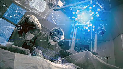Operating room Doctor or Surgeon anatomy on Advanced robotic surgery machine futuristic virtual interface, robotic surgery are precision, miniaturisation future of tomorrow healthcare and wellness
