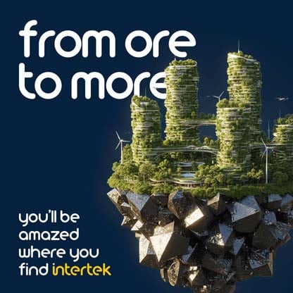 A depiction of cylindrical buildings covered in greenery atop magnified iron ore deposits